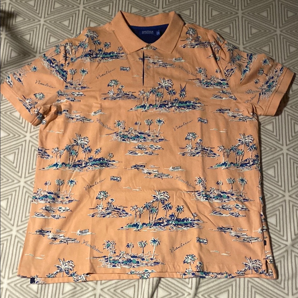 Nautica Orange and Blue‎ Scenic Print Polo Shirt